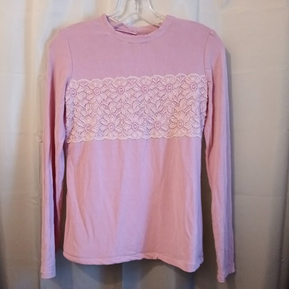 Nwt Crepe Knit Dressy T-shirt Lacey Blouse womens XS Lilac crew neck Long sleeve